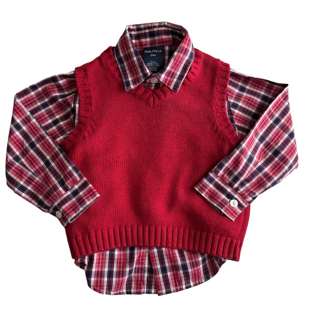 Nautica Kids Plaid Shirt with Gymboree Red Sweater Vest Size 24 Months